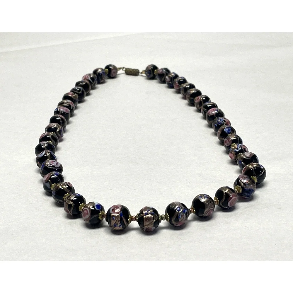 Vintage Venetian Wedding Cake Glass Bead Necklace Black Pink Blue Gold 22 inch